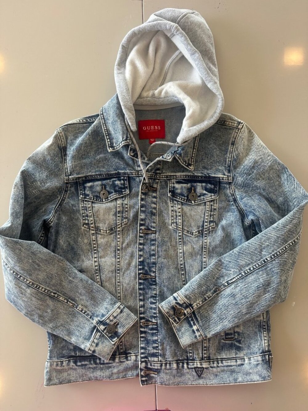 GUESS Denim Jacket Size Large with Gray Hood Light Wash Casual